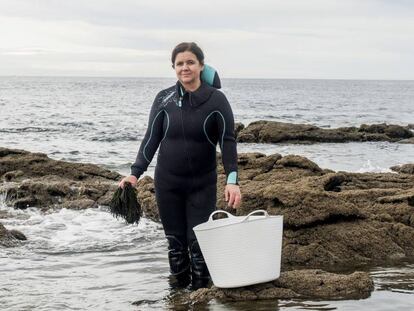 Rosa Mirás, fundadora de Porto-Muiños, sostiene un manojo de algas que acaba de extraer del mar.