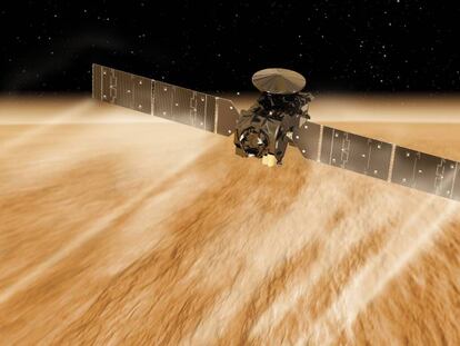 Recreación artística de la sonda ExoMars frenando para colocarse en su órbita sobre Marte.