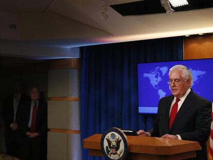 Rex Tillerson durante en rueda de prensa tras conocer su cese como secretario de Estado.