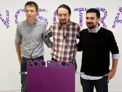 Íñigo Errejón, Pablo Iglesias y Ramón Espinar este jueves en la sede de Podemos en Madrid.