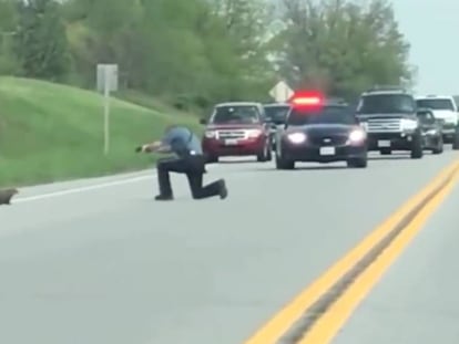 Un policía dispara a una marmota a sangre fría en mitad de una carretera