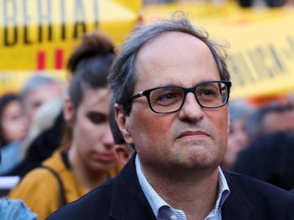 El presidente de la Generalitat, Quim Torra, durante la concentración convocada en la plaza de la Catedral de Barcelona, el pasado 16 de mayo.