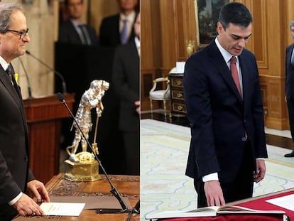 Quim Torra (izquierda), en el acto de posesión de sus 'consellers', con un Sant Jordi del siglo XV. Pedro Sánchez promete su cargo sin crucifijo ni Biblia.