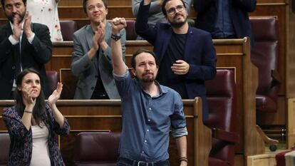 El líder de Podemos, Pablo Iglesias, tras su intervención en la sesión de control al Gobierno.