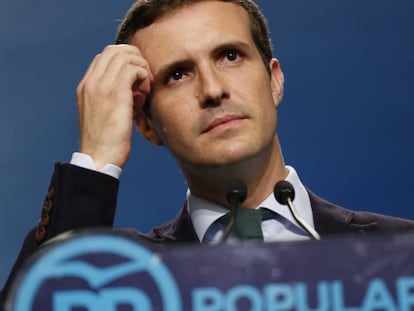 El presidente del PP, Pablo Casado, este lunes en la sede del partido.