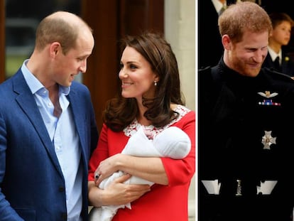 Guillermo y Kate de Cambridge posan con su hijo Luis a la salida del hospital, el 23 de abril; derecha, la boda de Enrique y Meghan de Sussex en Windsor, el 19 de mayo.