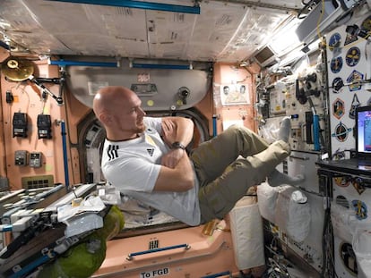 El astronauta alemán Alexander Gerst ve un partido de fútbol a bordo de la ISS en una foto tomada en junio de este año.