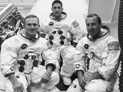 De izquierda a derecha, los astronautas del 'Apolo 8' Frank Borman, William A. Anders y James A Lovell.