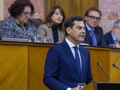 Juan Manuel Moreno Bonilla, durante su discurso este martes. En vídeo: discurso del candidato a la presidencia de la Junta de Andalucía.