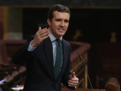 El presidente del PP, Pablo Casado, interveniene en el debate de totalidad de los presupuestos este martes en el pleno del Congreso.