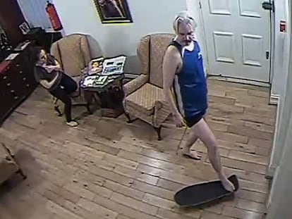 Screenshot of Julian Assange, with a skateboard, and his collaborator Stella Morris in the Ecuadorian embassy in London.