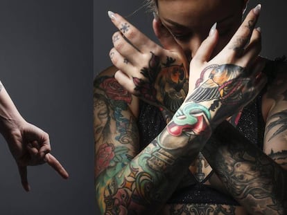 Vanesa Martín luce un colorido diseño de la tatuadora Yaiza Durán. A la derecha, Celia Hernández muestra sus manos tatuadas por Debora Cherrys.
