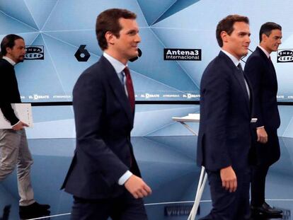 Pablo Iglesias, Pablo Casado, Albert Rivera y Pedro Sánchez antes del debate electoral en Atresmedia.