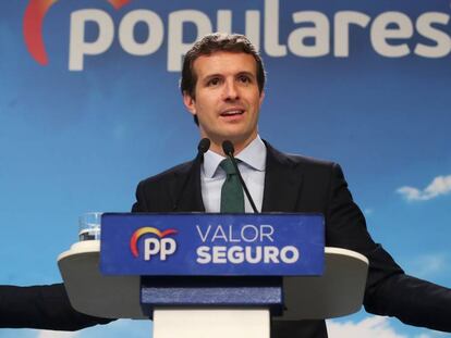 El líder del PP, Pablo Casado, durante una rueda de prensa en la sede del partido en Madrid.