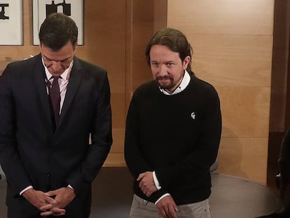 Pedro Sánchez y Pablo Iglesias antes de la reunión celebrada este martes en el Congreso. En vídeo: Declaraciones de Iglesias tras el encuentro