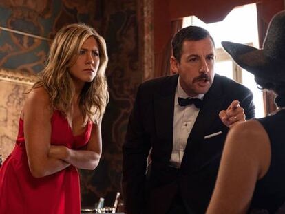 Jennifer Aniston and Adam Sandler in a scene from ‘Murder Mystery.’ Video: The trailer for the Netflix movie.