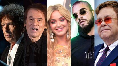 Los cantantes Bob Dylan, Raphael, Katy Perry, Maluma y Elton John. Todos ellos han escogido para su carrera artística nombres diferentes a los que tenían en su partida de nacimiento. Pincha en la imagen para ver el vídeo.