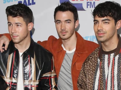 Nick, Kevin y Joe, los Jonas Brothers, en Londres el 8 de junio de 2019.