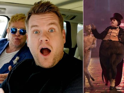 James Corden en 'Carpool Karaoke' con Elton John', y en 'Cats', en vídeo.