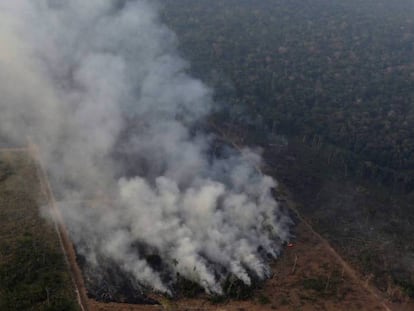 Columnas de humo cerca de Porto Velho, en el Estado brasileño de Rondonia, el 21 de agosto. En vídeo, la Amazonia brasileña arde a un ritmo récord.