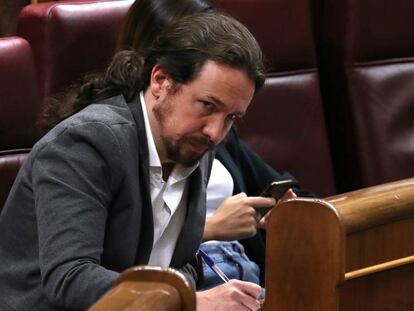 El líder de Podemos, Pablo Iglesias, este miércoles en el Congreso.