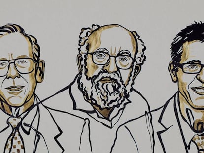 James Peebles, Michel Mayor y Didier Queloz, premios Nobel de Física, en un dibujo distribuido por la Fundación Nobel. En vídeo, la Academia anuncia a los ganadores del premio.