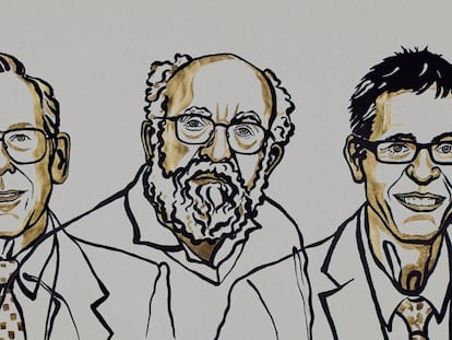 James Peebles, Michel Mayor y Didier Queloz, premios Nobel de Física, en un dibujo distribuido por la Fundación Nobel. En vídeo, la Academia anuncia a los ganadores del premio.