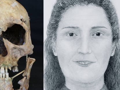 El cráneo reconstruido de Catalina Muñoz y el retrato elaborado por el antropólogo Fernando Serrulla y la artista Alba Sanín. En vídeo, la historia del sonajero.