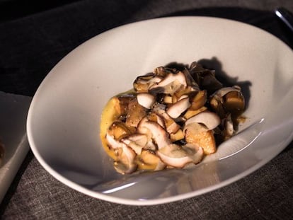 Boletus edulis salteados con yema de huevo y puré de patata