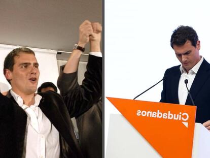 Albert Rivera, en 2006, en Barcelona, y el exlíder de Ciudadanos, este lunes, en Madrid.