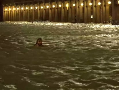 En vídeo, imágenes que muestran a un hombre nadando en la Plaza de San Marcos.