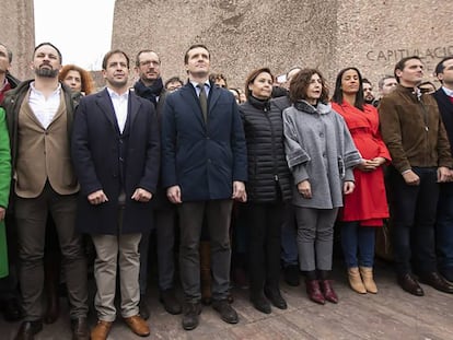 Dirigentes de Vox, Ciudadanos y PP en la manifestación del pasado febrero en la plaza de Colón de Madrid.