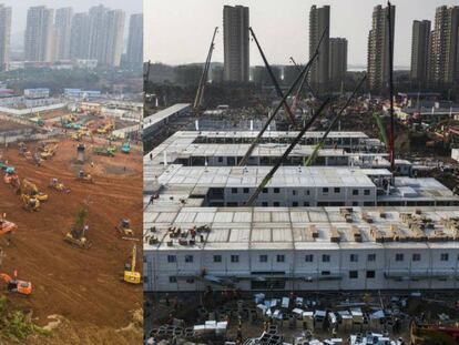 El hospital Wuhan Vulcan, el día 24 y 30 de enero. En vídeo, reconstrucción a cámara rápida de las obras del hospital.