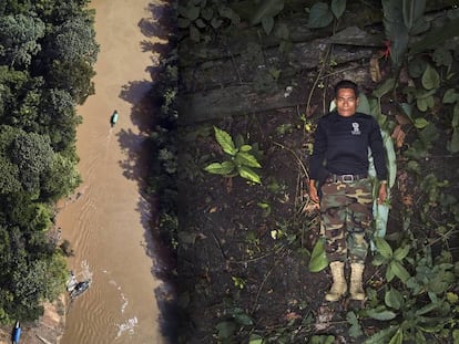 José Gregorio un indígena tikuna, líder de la Guardia Indígena Ambiental de la comunidad de San Martín de Amacayacu, en la Amazonía colombiana. Él lidera un grupo de jóvenes hombres y mujeres que lucha para combatir la explotación ilegal de recursos naturales en su territorio para mantener a su bosque sagrado con vida. Derecha: José Gregorio está acostado sobre su tierra. Izquierda: La comunidad donde José y los guardianes viven, junto al Río Amacayacu.