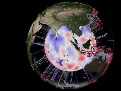 Los puntos verdes son centros de información sísmica y los rojos corresponden a terremotos. Las regiones azules representan las ondas con mayor velocidad sísmica y las rojas las que menos.