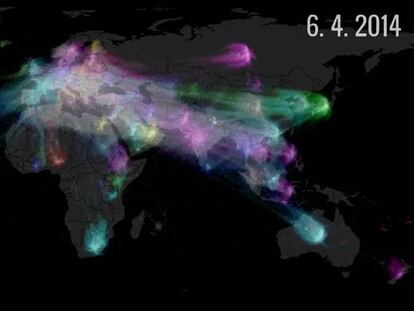 Visualización del flujo de envíos postales entre países realizados en el estudio.