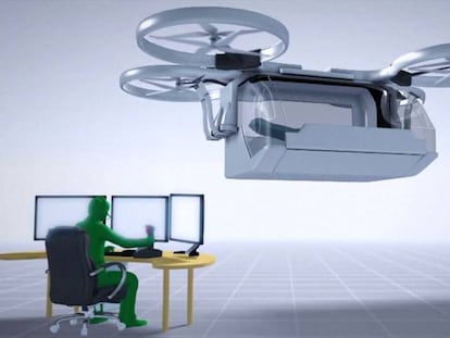 Un técnico controla el dron ambulancia desde un ordenador a control remoto en una recreación virtual.