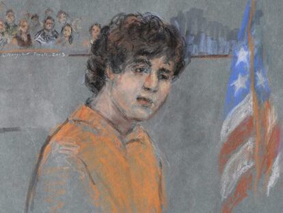 Dibujo de la comparecencia de Tsarnaev ante el tribunal.