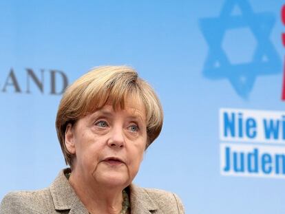Merkel durante el mitin de este domingo en Berlín.