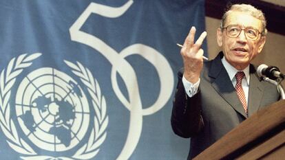 El secretario general de la ONU Butros Butros Gali durante una conferencia que pronunció en San Francisco en el 50º aniversario de la creación de la Organización. © reuters 24-06-1995