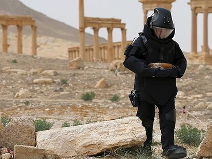 Especialista russo em explosivos procura minas escondidas pelo EI em Palmira.