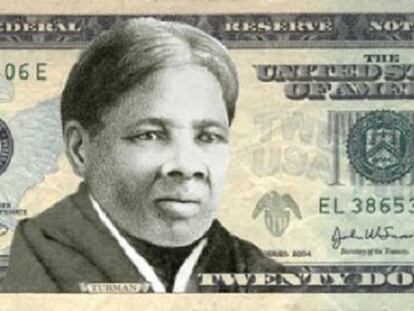 Montagem de um cédula de 20 dólares com o retrato de Harriet Tubman, realizado pela campanha Women on 20’s.