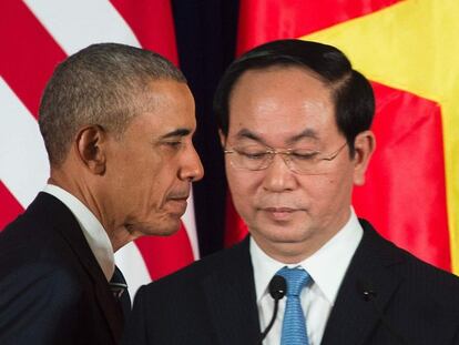 Obama durante uma entrevista coletiva com o presidente do Vietnã Tran Dai Quang.