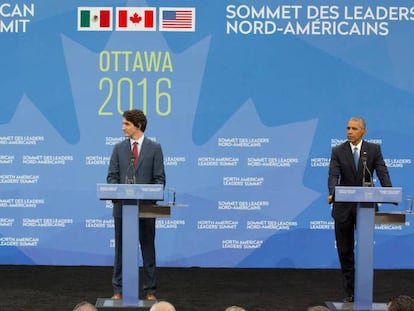 Los mandatarios, de México, Enrique Peña Nieto; de Canadá, Justin Trudeau, y Estados Unidos, Barack Obama, la Cumbre de Líderes de América del Norte 2016.