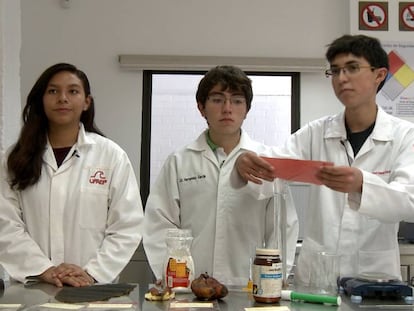 Aranza Meza, Israel Hernández y Edmundo Balderas explican cómo hacer un plástico a base de plátano.
