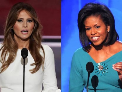 Melania Trump en Cleveland este lunes y Michelle Obama en Denver, en 2008.