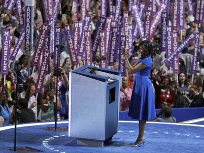Michelle Obama durante seu discurso, nesta segunda-feira, na Filadélfia.