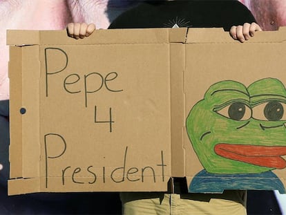 Un joven sujeta un cartel que muestra a la Rana Pepe.