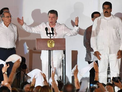 Juan Manuel Santos, durante seu discurso na assinatura dos acordos de paz em Cartagena de Índias.