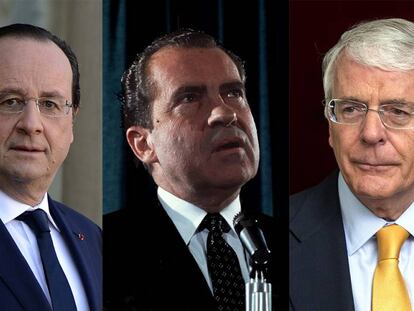 De izquierda a derecha, los mandatarios François Hollande (Francia), Richard Nixon (EE UU) y John Major (Reino Unido).